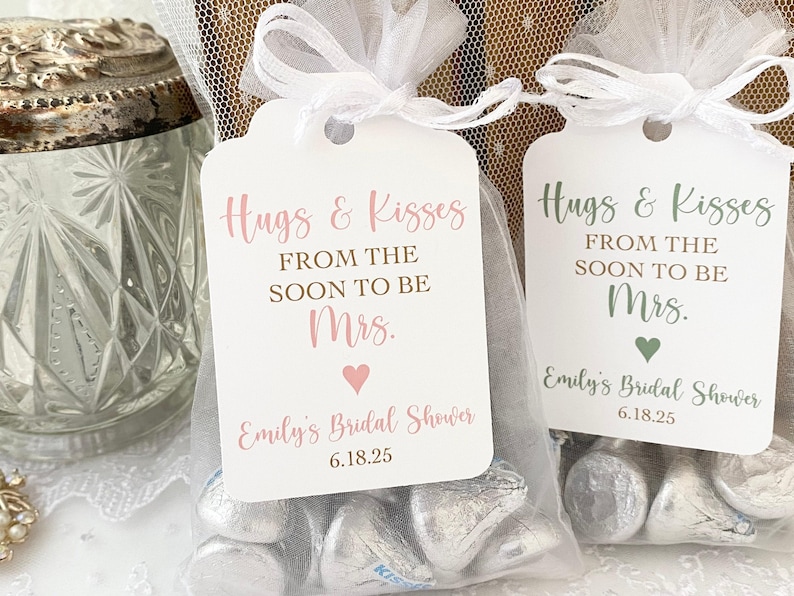Hugs & Kisses Bridal Shower Favor Bags: Organza, Personalized Tags image 3