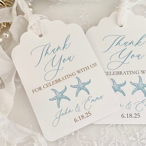 Printed Beach Wedding Starfish Favor Tags, Destination Wedding Gift Welcome Tags, Starfish Seashell Ocean Summer Wedding Favors, Aqua