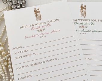 Printed Jane Austen Advice and Wish Cards, Pride and Prejudice Regency Wedding Bridal Shower Wish Cards, Wishes for the Bride to Be