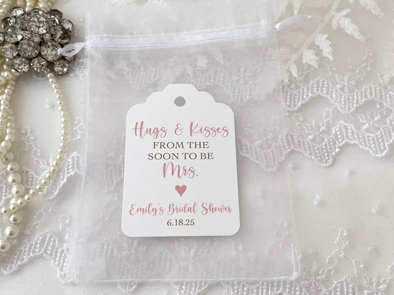Hugs & Kisses Bridal Shower Favor Bags: Organza, Personalized Tags image 4