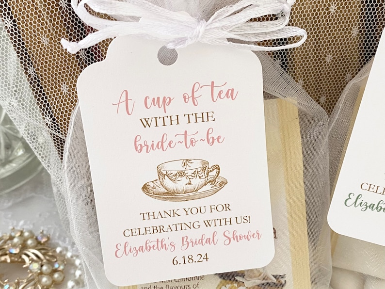 Tea Party Bridal Shower Favor Bags and Tags, A Cup of Tea with the Bride to Be Favors, Bridal Shower Tea Party Favor Tags, Tea Themed Shower image 1