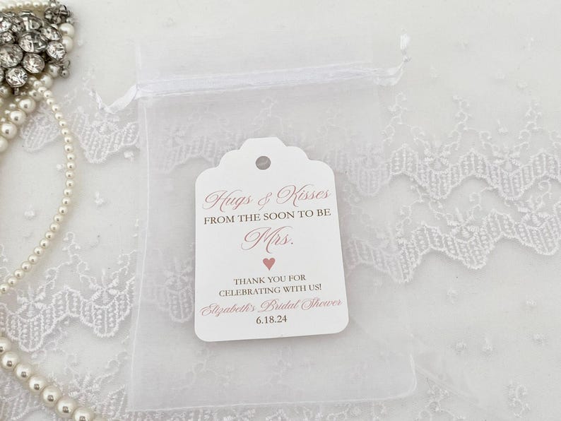 Hugs & Kisses Bridal Shower Favor Bags: Organza, Personalized Tags image 4