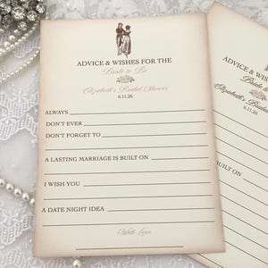 Printed Jane Austen Advice and Wish Cards, Pride and Prejudice Regency Wedding Bridal Shower Wish Cards, Wishes for the Bride to Be Vintage