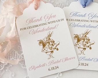 White Rabbit Bridal Baby Shower Favor Tags, Alice in Wonderland Tags Labels, Printed Handmade