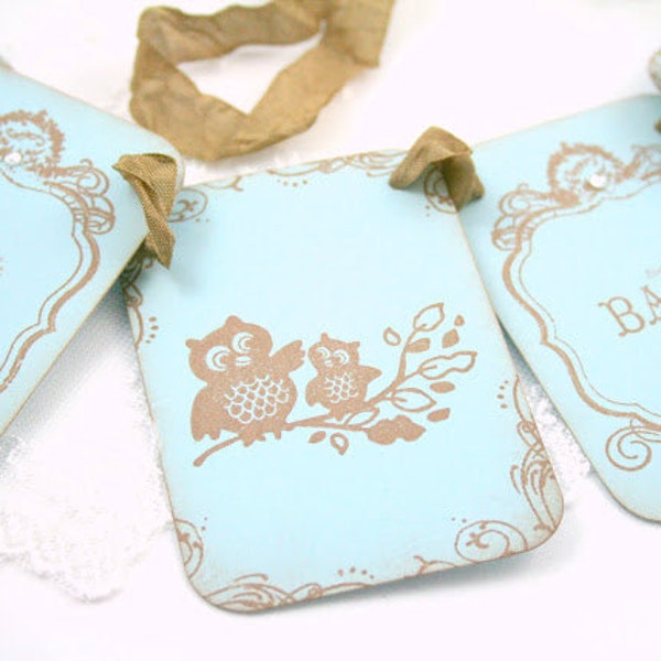 Owl Baby Boy Shower Banner Garland Vintage Style Decoration in Blue