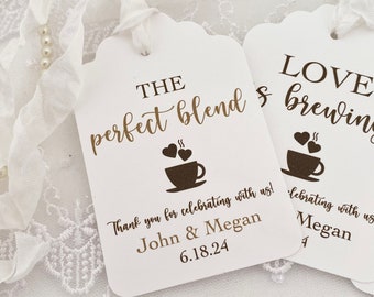 Printed Coffee Wedding Favor Gift Tags, The Perfect Blend Love is Brewing Tags, Personalized Coffee Grounds Beans Espresso Favor Tags Labels