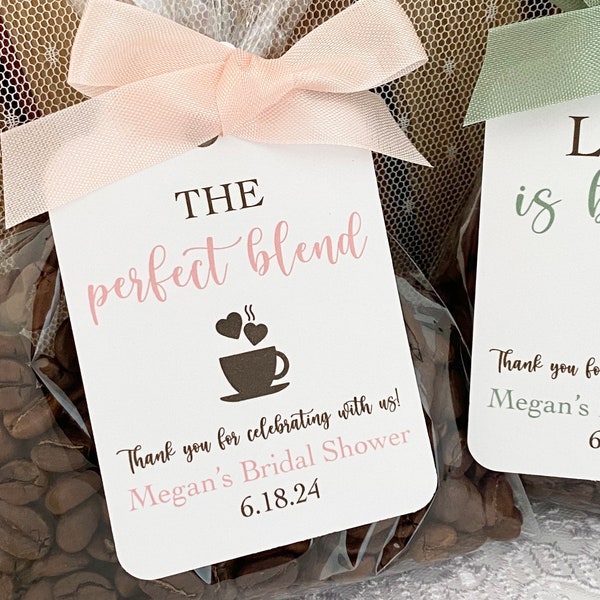 Printed Coffee Bridal Shower Favor Gift Tags, The Perfect Blend Love is Brewing Tags, Personalized Coffee Grounds Beans Espresso Favor Tags