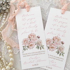 Floral Bridal Shower Bookmark Favors: Pink Flowers, Ribbon Tassels