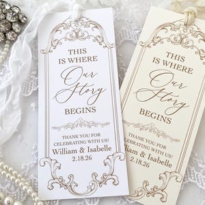 Romantic Wedding Bookmarks: &#39;Our Story Begins&#39; Favors