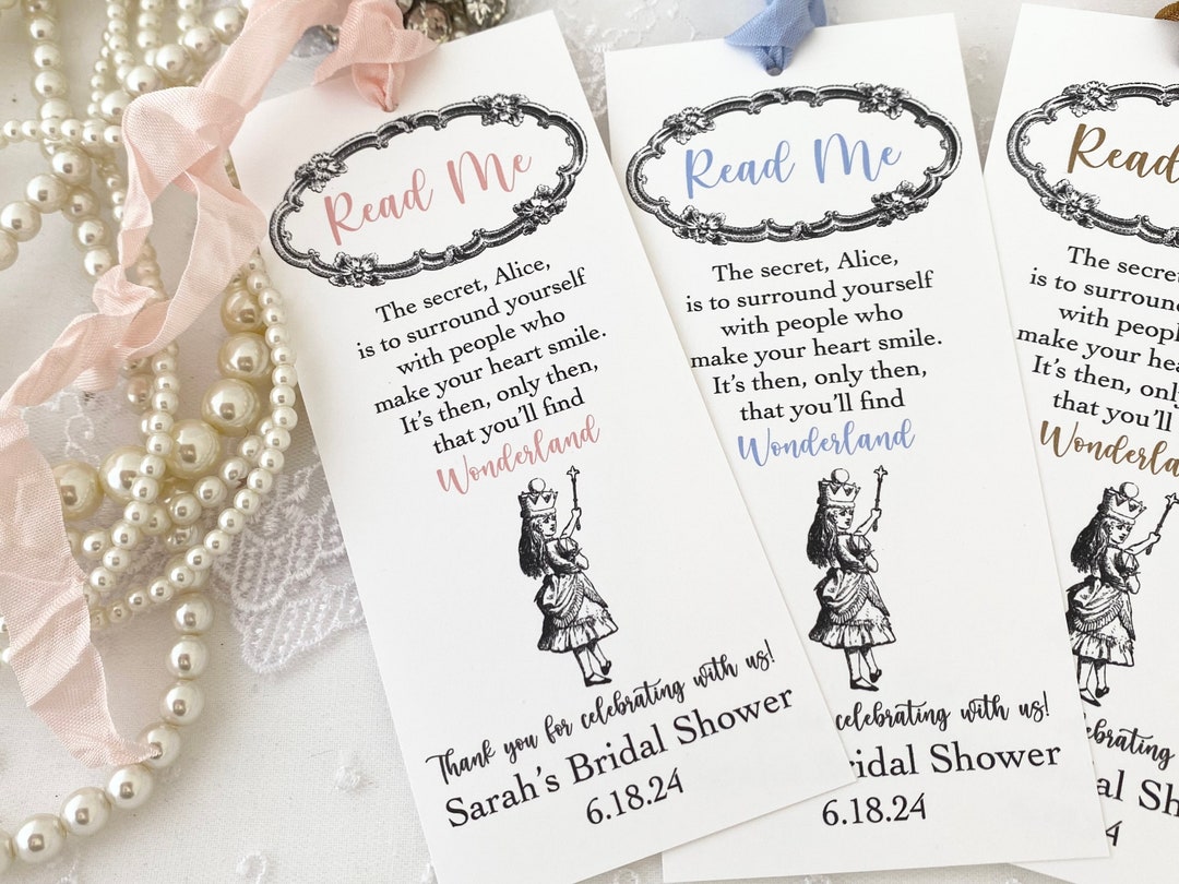 Alice in Wonderland Bridal Shower Bookmarks Favors, Wonderland Bridal