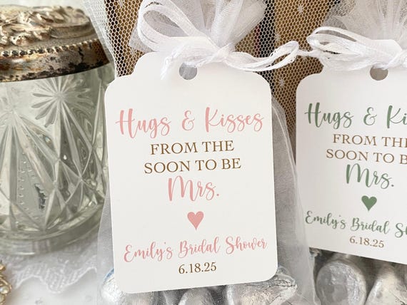 Hugs & Kisses Bridal Shower Favor Bags: Organza, Personalized Tags