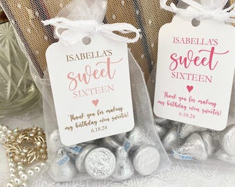 Sweet sixteen favor bags with personalized thank you tags, custom girl birthday party organza pouches, printed candy gifts, Sweet 16 favors