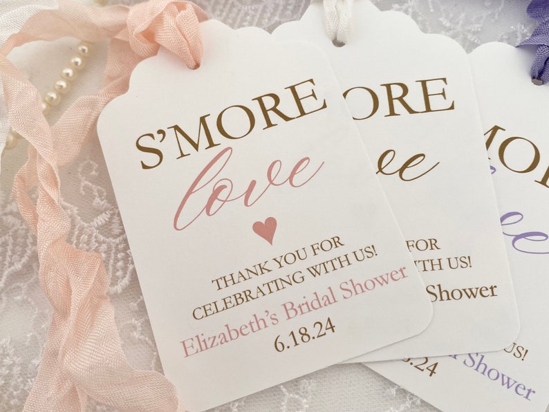 Printed Bridal Shower S'more Favor Gift Tags, Personalized S'mores Bar Tags Labels, Bridal Shower Wedding S'more Tags, S'more Love Tag image 1