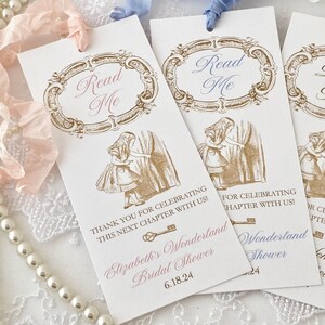 Alice in Wonderland Bridal Shower Bookmarks: Gold Ribbon Favors
