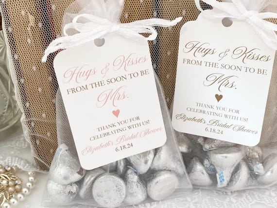 Hugs & Kisses Bridal Shower Favor Bags: Organza, Personalized Tags