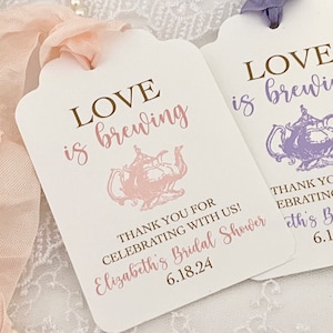 Love is Brewing Favor Tags, Bridal Shower Tea Party Gift Tags, Personalized Tea Party Gift Labels