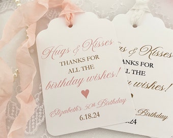 Printed Birthday Favor Gift Tags for Women, Mom, Sister, Grandma, Friend, Hugs and Kisses Birthday Wishes Favor Tags for Candy Kisses