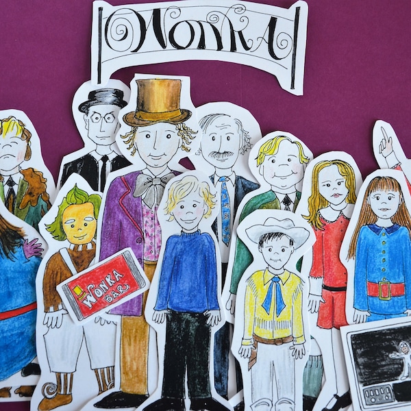 Willy Wonka Charlie and the Chocolate Factory Printable Characters Paper Dolls in COLOR and OUTLINES from Book & 1971 Movie