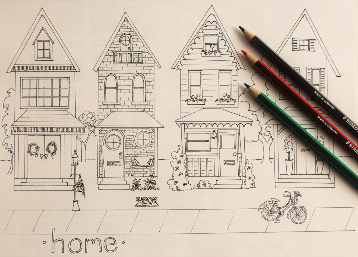 Home Sweet Home Row of Houses Coloring Page Printable Neighborhood - Etsy