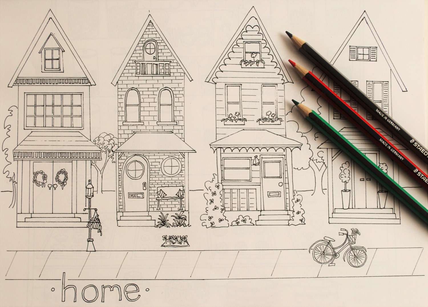 Home Sweet Home Row of Houses Coloring Page Printable Neighborhood - Etsy