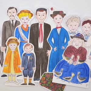 Mary Poppins Characters Paper Figures in  Color and to Color Printable