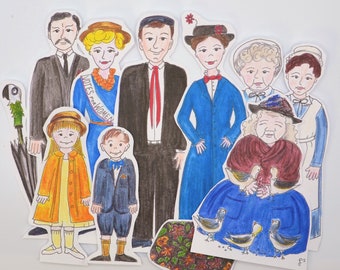Postacie z Mary Poppins – papierowe figurki w kolorze i do pokolorowania, do wydrukowania