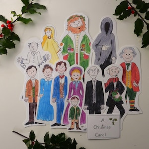 Personajes para colorear imprimibles de Un cuento de Navidad en figuras de papel de color digitales