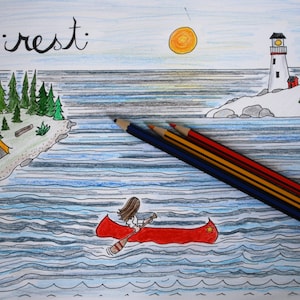 Peaceful Paddling - Adult Coloring Page - Vacation Camping Canoeing Lake  Outdoor Rest