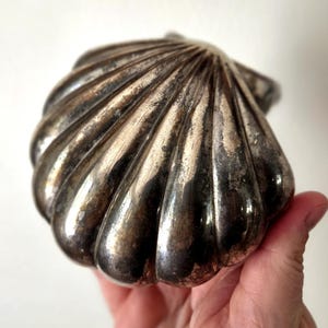 May include: A metallic silver-toned decorative object shaped like a scallop shell. The surface features a series of raised, radiating ridges that extend from the hinge area to the scalloped edge, with visible tarnishing and dark patina.