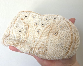 Antique Handbeaded Cream Satin Zippered Finger Clutch