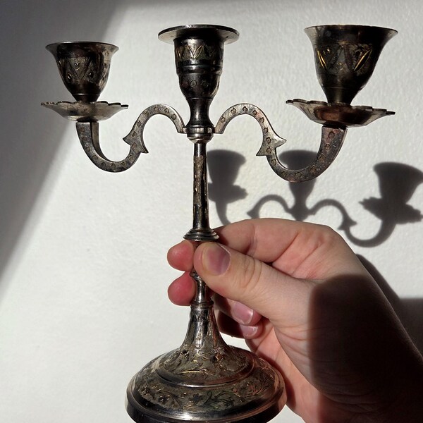 Vintage Etched Metal Three Branch Candelabra
