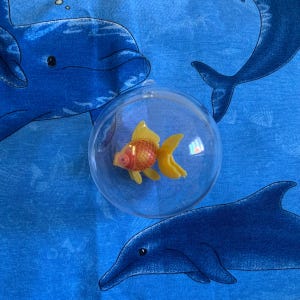 Puede incluir: Un adorno de pl&aacute;stico transparente que contiene un peque&ntilde;o pez dorado naranja y amarillo. El adorno est&aacute; sobre un fondo azul con patrones de delfines.