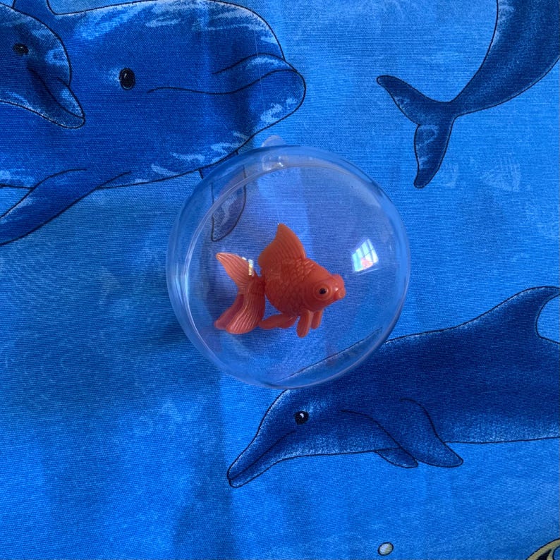 Puede incluir: Una peque&ntilde;a figura de pez dorado naranja dentro de un recipiente de pl&aacute;stico transparente y esf&eacute;rico. El recipiente descansa sobre una tela azul estampada con im&aacute;genes de delfines.