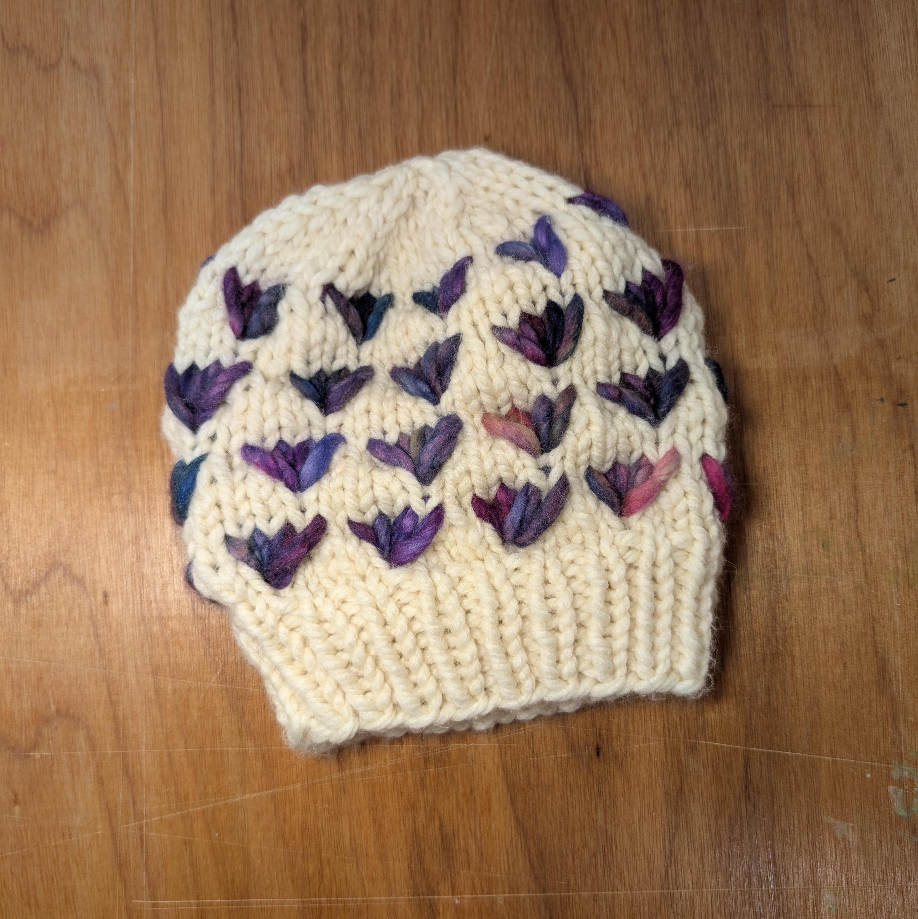 Handcrafted 100% Wool Knit Hat – Floral Stitch, Warm Cream  display picture 2
