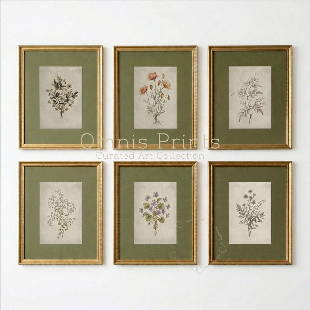 Set of 6 Vintage Botanical Prints - Neutral Floral Gallery Wall Art ...