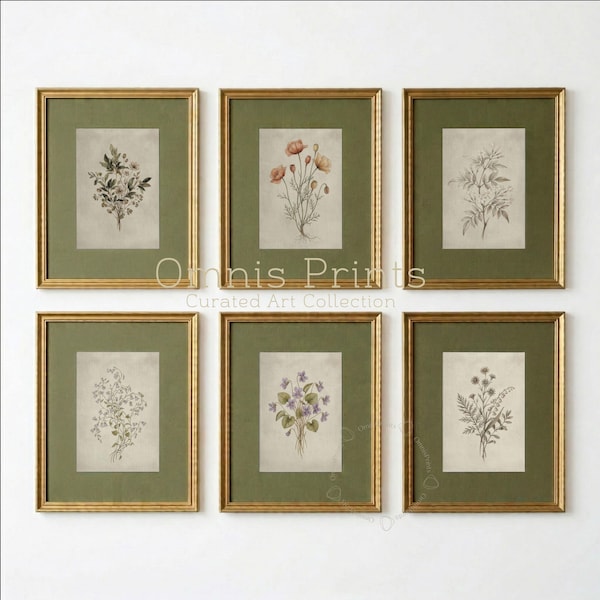Set of 6 Vintage Botanical Prints - Neutral Floral Gallery Wall Art - Printable Download