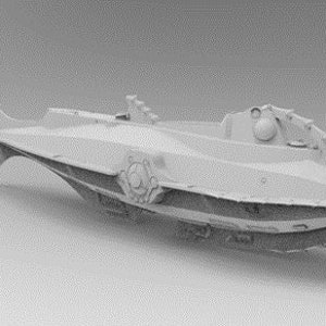 May include: A white, detailed model of a futuristic submarine with a pointed nose and a fin-like tail.