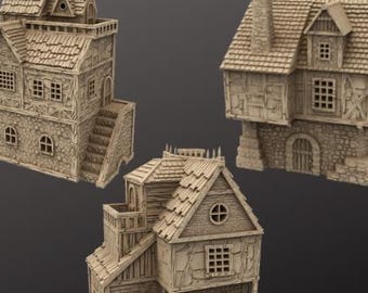 Middeleeuwse dorpshuizen STL-terreinset deel 1 – 3-delig modulair, 28 mm printbaar tafellandschap