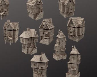Middeleeuwse dorpshuizen STL-terreinset deel 2 – 5-delig modulair, 28 mm printbaar tafelbladlandschap