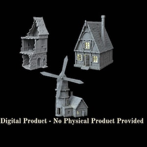 May include: Three 3D printed miniature buildings, a ruined building, a small house, and a windmill. The buildings are gray and have windows and doors. The buildings are on a black background. Digital Product - No Physical Product Provided.