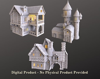 May include: Three 3D printed miniature buildings, each with a unique design. The first is a two-story building with a balcony, the second is a tower with a smaller tower attached, and the third is a single-story building with a large arched doorway.