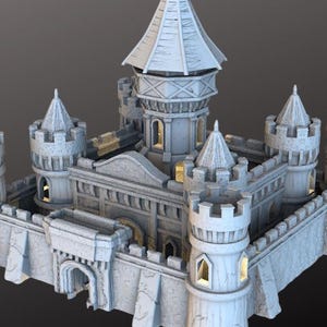 May include: A detailed model of a medieval castle with multiple turrets, towers, and a central keep. The castle is rendered in shades of gray and white, with architectural details and small windows. The overall design suggests a fantasy or historical theme.