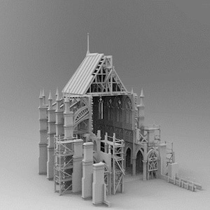 May include: A gray scale model of a gothic style building under construction. The building is surrounded by scaffolding and has a pointed roof and tall spires.