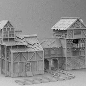 Gildia górnicza STL – 28 mm budynek fantasy z torami i balkonem dla krasnoludów, goblinów i gier RPG na stole i dioramy