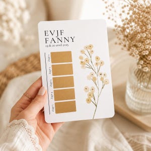 Könnte beinhalten: Eine weiße Karte mit dem Text "EVJF FANNY 19 & 20 avril 2025" und fünf rechteckigen Kästchen. Ein Aquarell-Blumenmuster in Gelb- und Grüntönen verziert die Karte. Die Karte wird von einer Person gehalten.