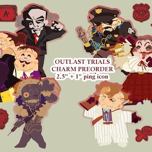 Puede incluir: Una colección de pre-pedidos de amuletos de Outlast Trials, con varios diseños de personajes. La imagen incluye varias figuras de estilo caricatura con atuendos y accesorios distintivos, junto con el texto "OUTLAST TRIALS CHARM PREORDER 2.5" + 1" ping icon."