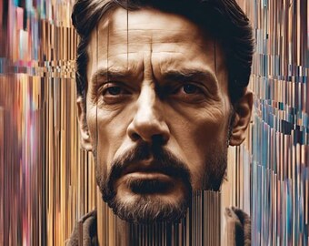 Peut inclure: Un portrait rapproché d'un homme avec une barbe et des cheveux bruns courts. L'arrière-plan est une image floue de lignes verticales de différentes couleurs.