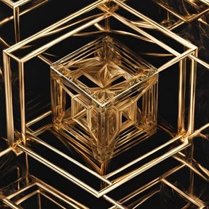 以下が含まれることがあります： 反射面を持つ金色で幾何学的な3次元立方体形状。立方体は多くの交差する線で構成されており、ガラスまたは金属でできているように見えます。