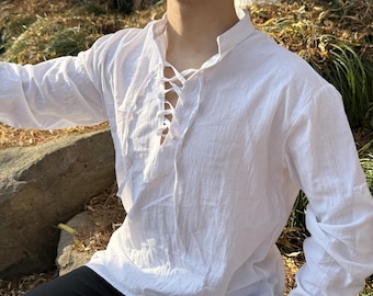 KJIAKJN Camisas De Algodón Retro Con Cuello En V Para Hombre, Manga Abombada, Medieval, Renacentista, Pirata, Victoriana, Túnica (azul-S), Azul