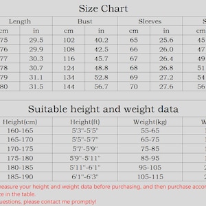 May include: Size chart for clothing with measurements in inches and centimeters. The chart includes bust, length, sleeve, and shoulder measurements for sizes S through 3XL. It also includes a table with height and weight recommendations in inches and pounds.